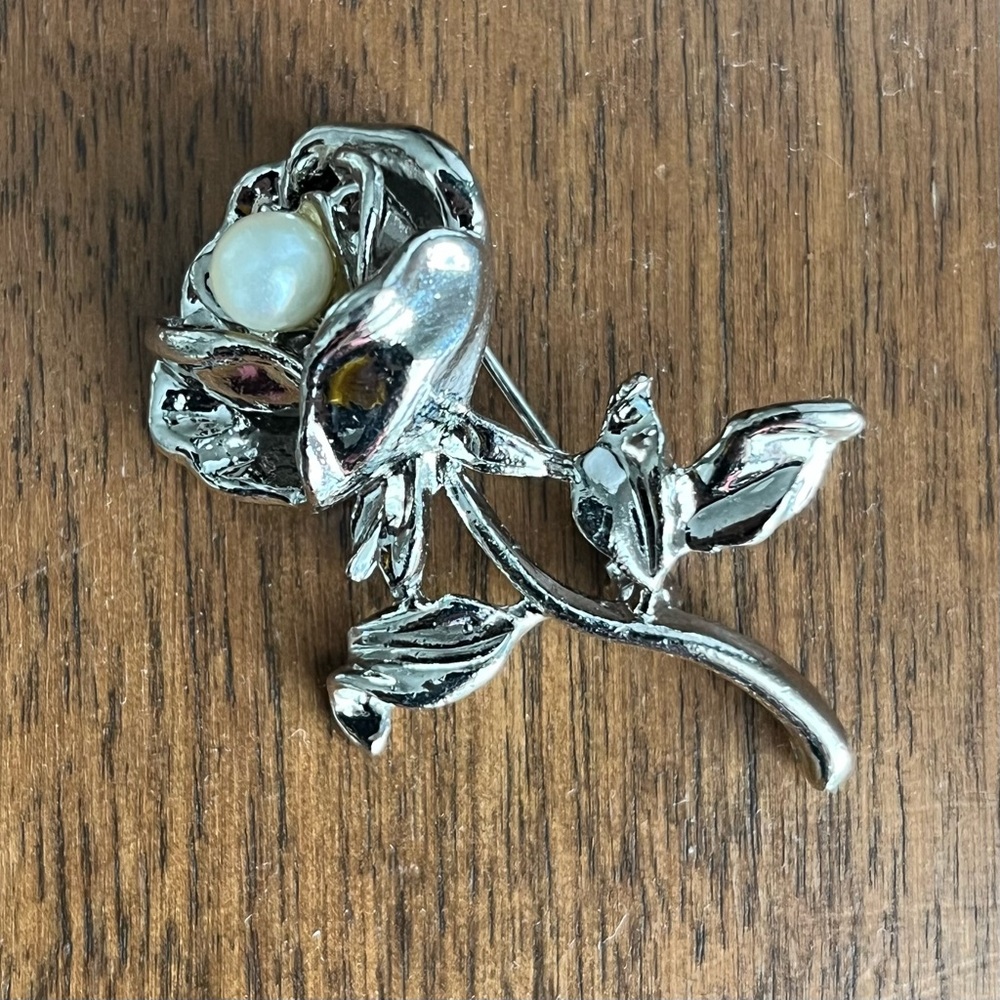 BOGO Silver Tone Rose Brooch with Faux Pearl